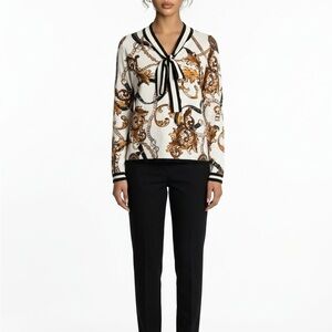 NY&C Women's L Ivory & Gold Baroque Print Bow Tie Pullover Stretch Sweater Top